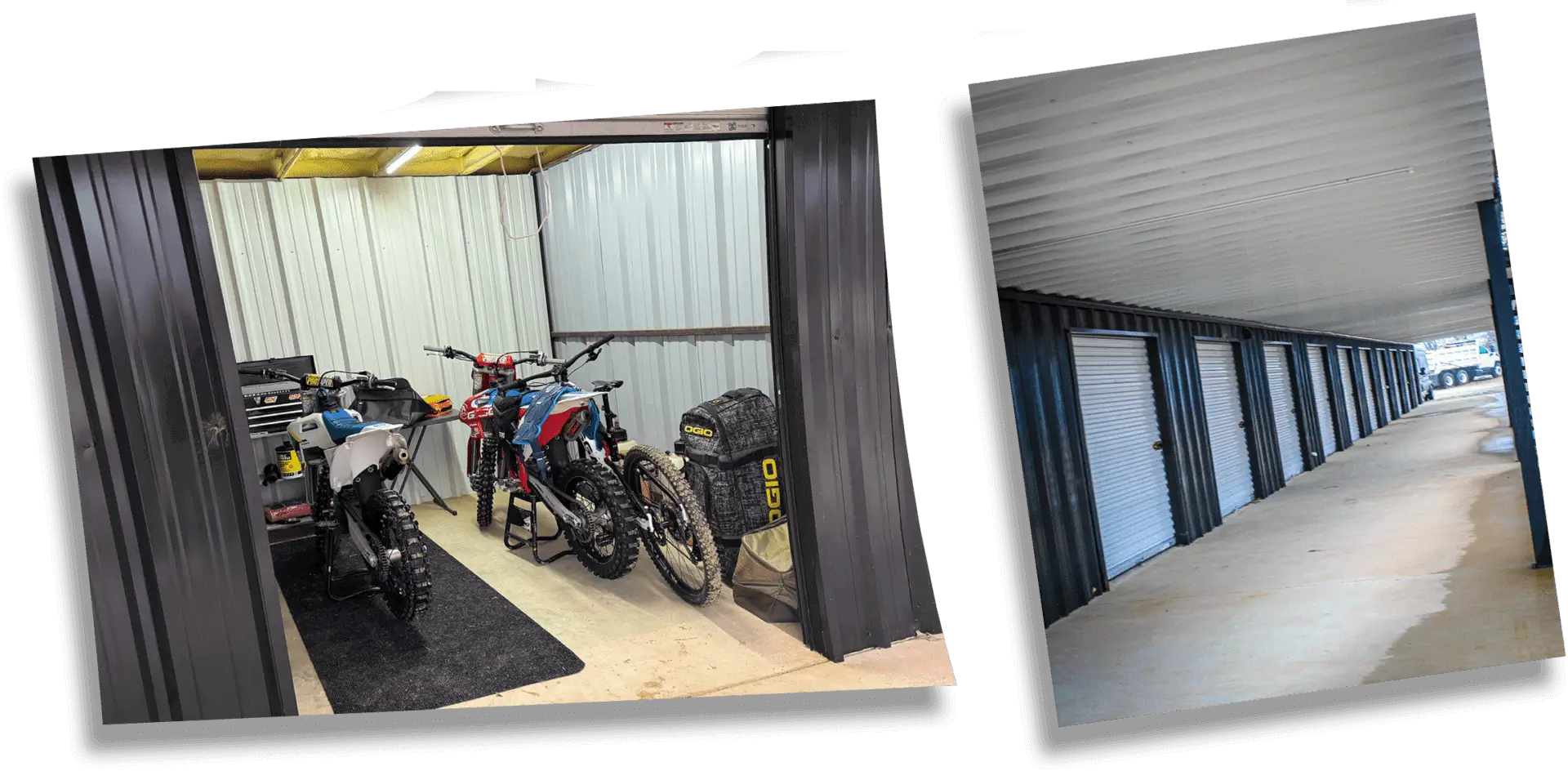 Dirt bikes parked inside a metal storage unit