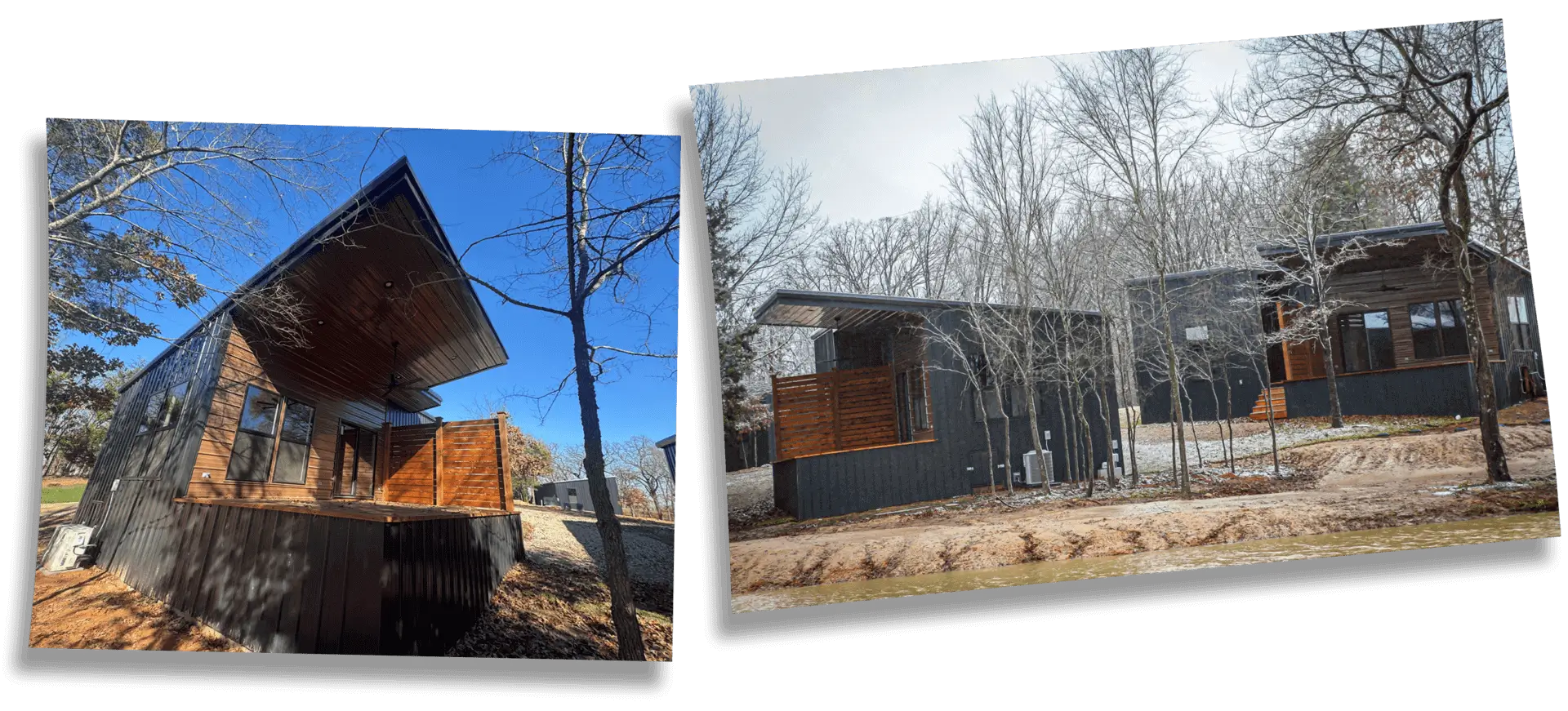 Low-angle view of modern cabin porch